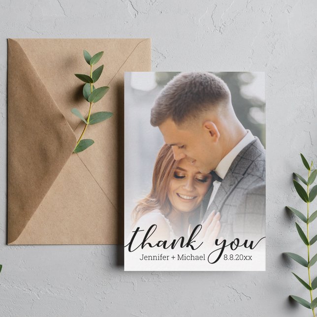thank you,modern handwriting,wedding photo   note card (Creator Uploaded)