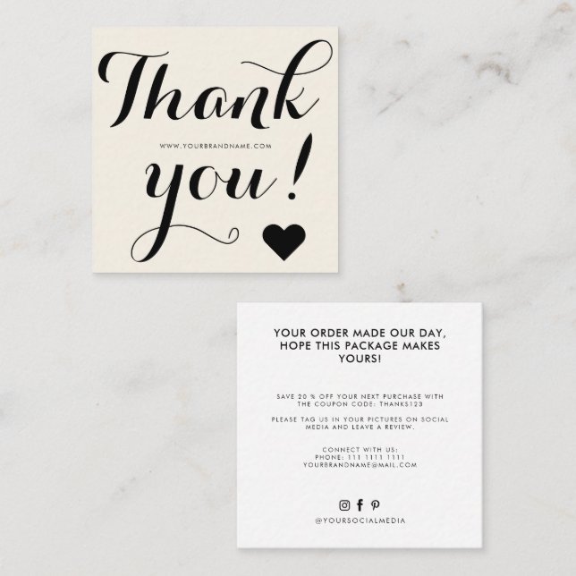 Thank you modern ivory black square business card (Front/Back)