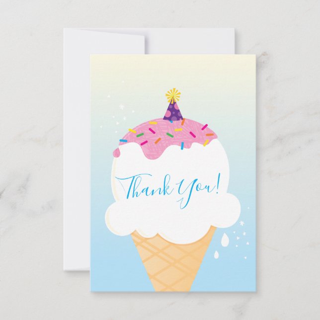 THANK YOU modern retro ice cream cone party blue Card (Front)