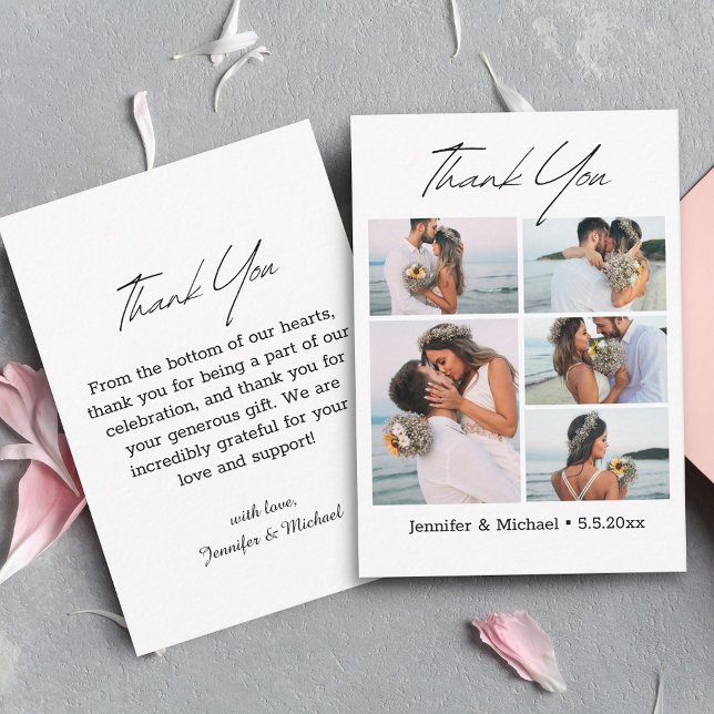 thank you modern script 5 photos collage wedding note card (Creator Uploaded)