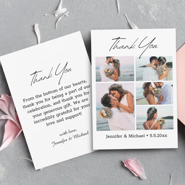 thank you modern script 5 photos collage wedding note card | Zazzle