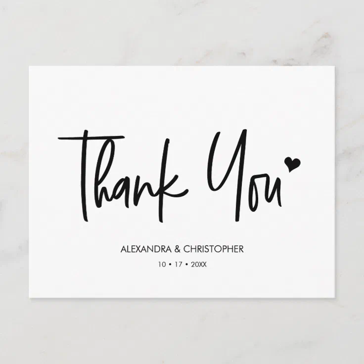 Thank you Modern Script Black and White Wedding Postcard | Zazzle