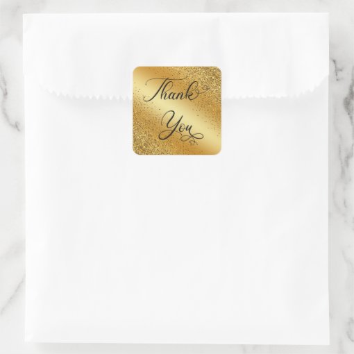 thank you modern script, gold glitters background square sticker | Zazzle