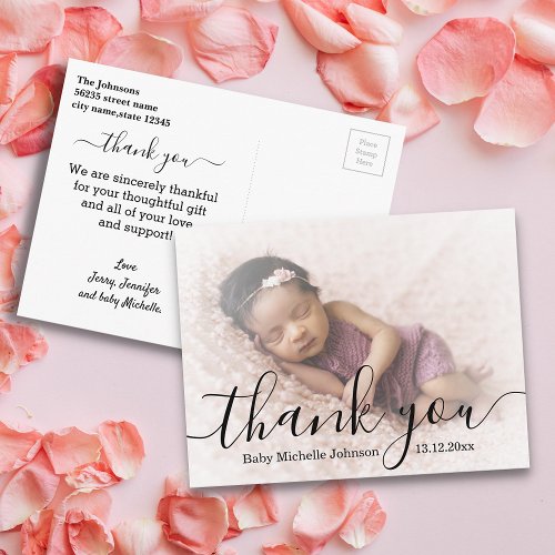 thank youmodern script newborn baby girl photo postcard