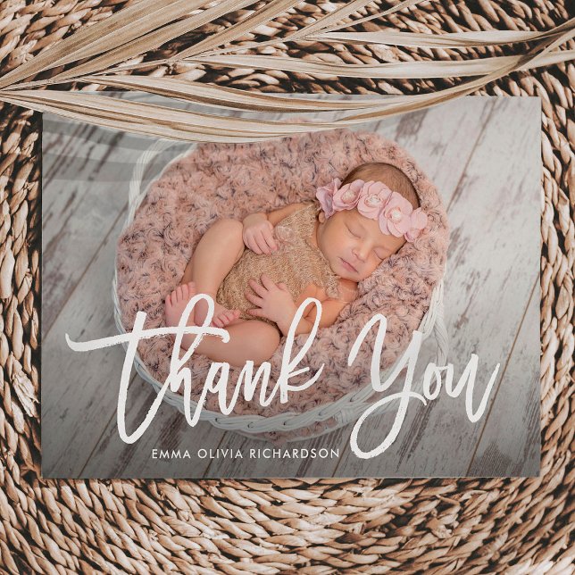 Thank You | Modern Script Photo Birth Announcement (Creator Uploaded)