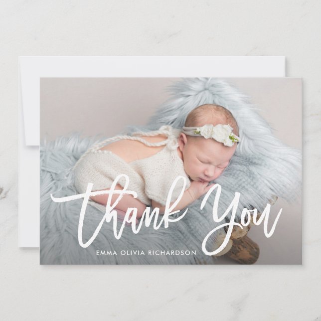 Thank You | Modern Script Photo Birth Announcement (Front)