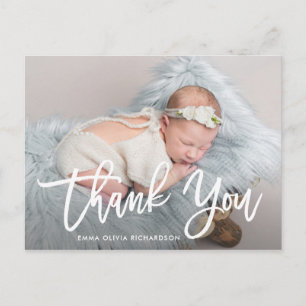Thank You   Modern Script Photo Birth Announcement Postcard