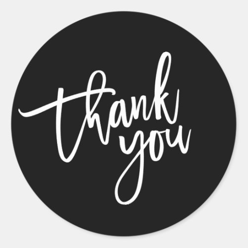THANK YOU modern script type packaging black white Classic Round Sticker