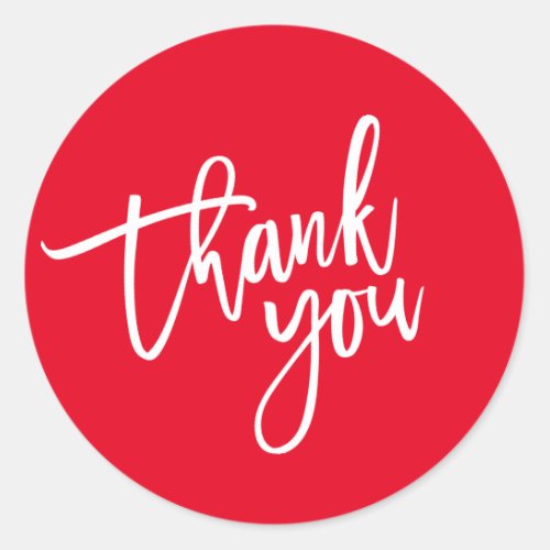 THANK YOU modern script type packaging BOLD RED Classic Round Sticker