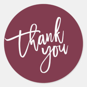 THANK YOU modern script type packaging BURGUNDY Classic Round Sticker