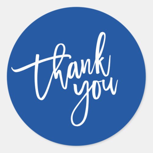 THANK YOU modern script type packaging royal blue Classic Round Sticker