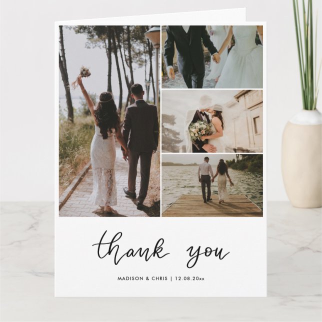 Thank You Modern Script Wedding Photo Collage Card (Front)