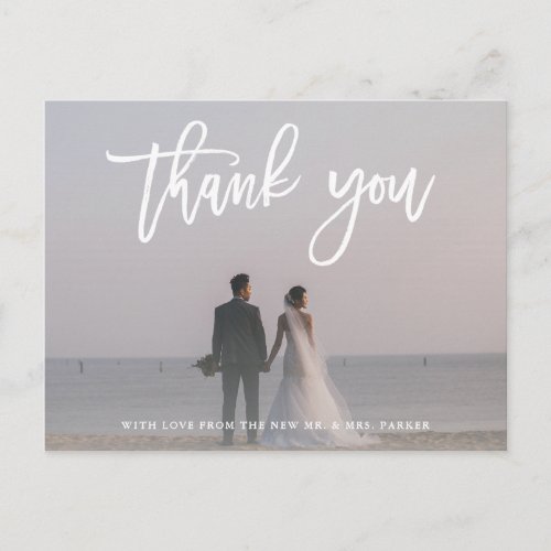 Thank You  Modern Script with Wedding Photo Postcard