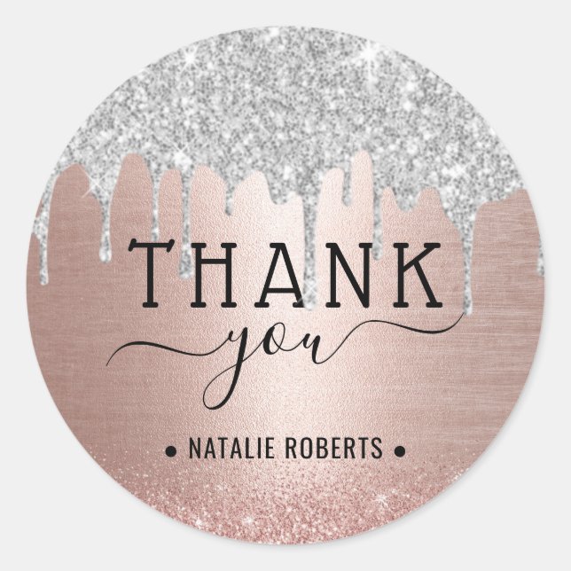 Thank You Modern Silver Glitter Rose Gold Classic Round Sticker (Front)