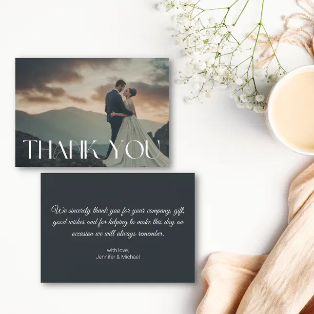 thank you modern typography wedding photo note card | Zazzle