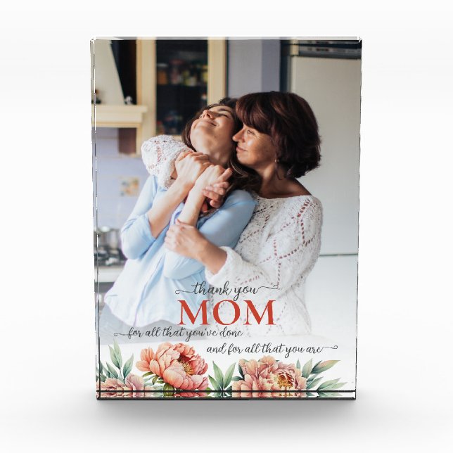 Thank You Mom Floral Pastel Pink Peonies Custom Photo Block (Front)