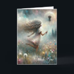 Thank You Monet Dandelion Card<br><div class="desc">A young girl with flowing hair is depicted running through a field holding a large dandelion seed head in Monet artwork style for Thank You.
All text can be changed.</div>