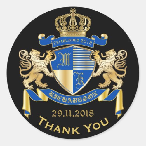Thank You Monogram Coat of Arms Gold Blue Emblem Classic Round Sticker