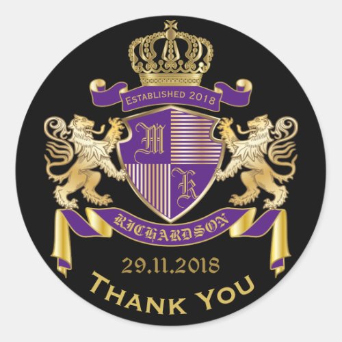Thank You Monogram Coat of Arms Gold Purple Emblem Classic Round Sticker