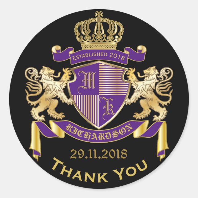 Thank You Monogram Coat of Arms Gold Purple Emblem Classic Round Sticker (Front)