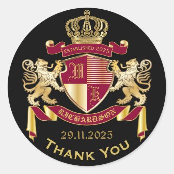 Thank You Monogram Coat Of Arms Gold Red Emblem Classic Round Sticker by BCVintageLove at Zazzle