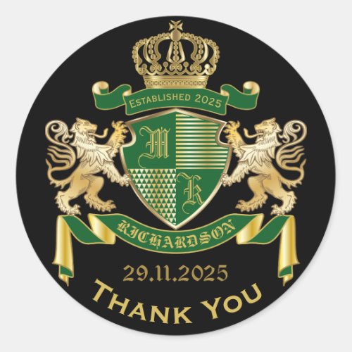 Thank You Monogram Coat of Arms Green Gold Griffin Classic Round Sticker