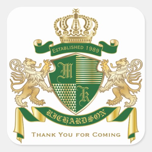 Thank You Monogram Coat of Arms Green Gold Lion Square Sticker