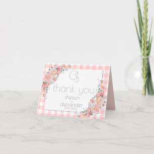 Thank You Monogram Coral Gingham Note Card