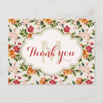 Thank You - Monogram Elegant Beautiful Floral Postcard by ZeraDesign at Zazzle