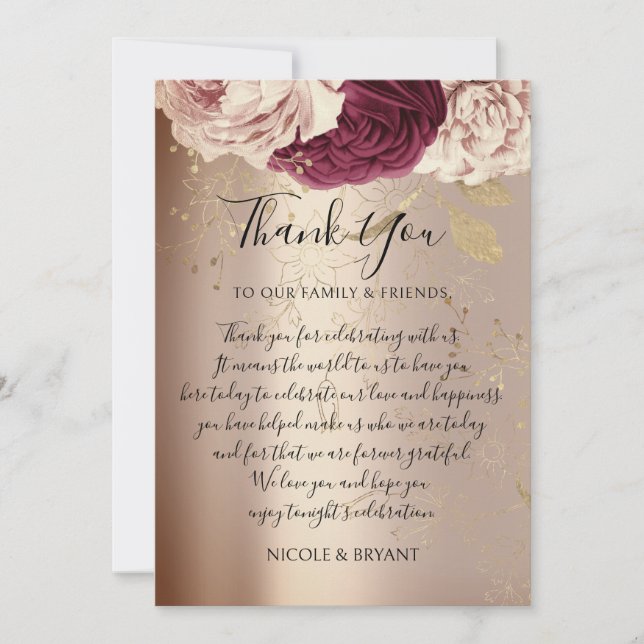 Thank YOU Monogram Pink Florals Marsala Rose Gold Invitation (Front)
