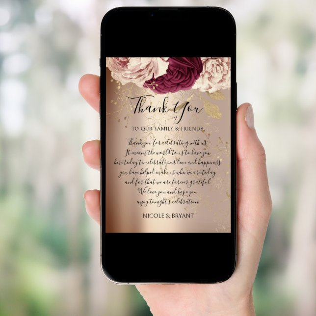 Thank YOU Monogram Pink Florals Marsala Rose Gold Invitation (Front Digital)