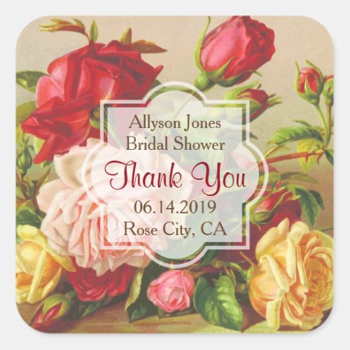 Thank You Monogram Vintage Victorian Roses Wedding Square Sticker