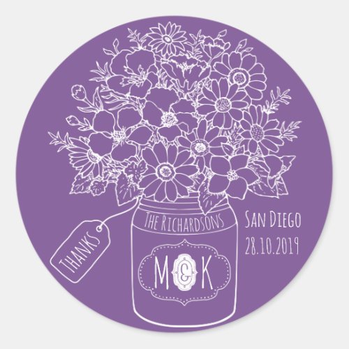 Thank You Monogram Wildflowers Bouquet Mason Jar Classic Round Sticker