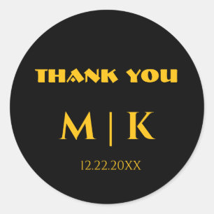 Thank You Monograms Wedding Gold Yellow Black Classic Round Sticker
