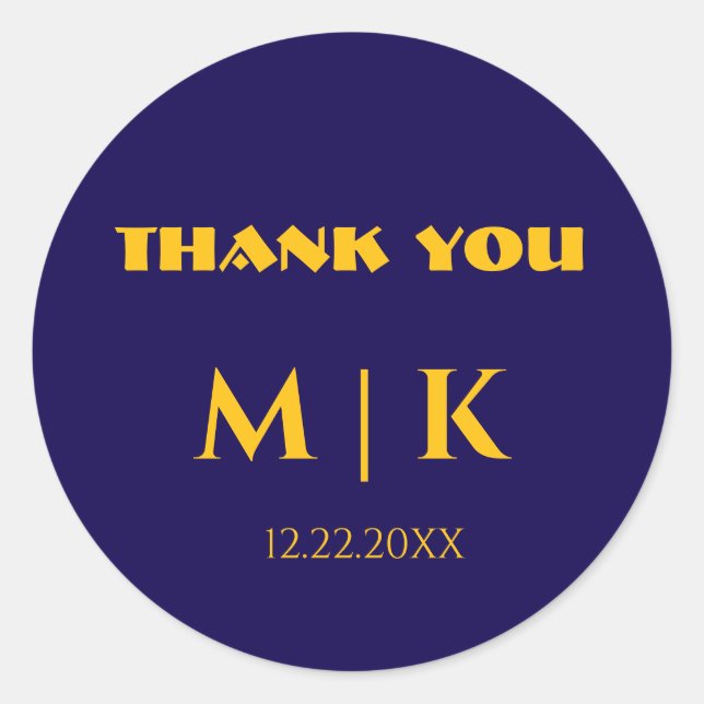 Thank You Monograms Wedding Gold Yellow Blue Classic Round Sticker (Front)