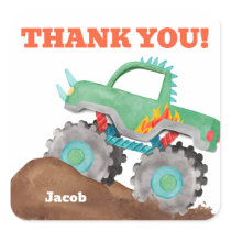 Thank You Monster Truck Birthday Bash Watercolor Square Sticker