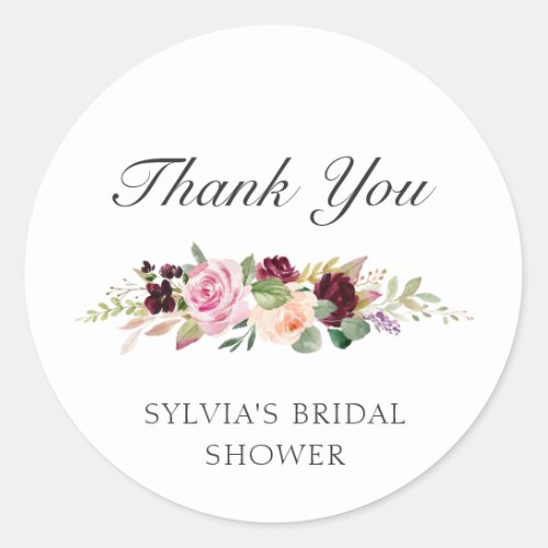 Thank You Moody Plum Floral Bridal Shower Favor Classic Round Sticker