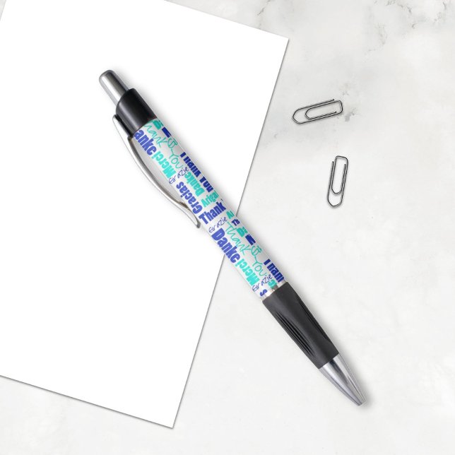 Thank You Multilingual Word Cloud Blue Pen ( The gratitude pen is a nice gift idea for volunteers, teacher or other people you want to thank. )