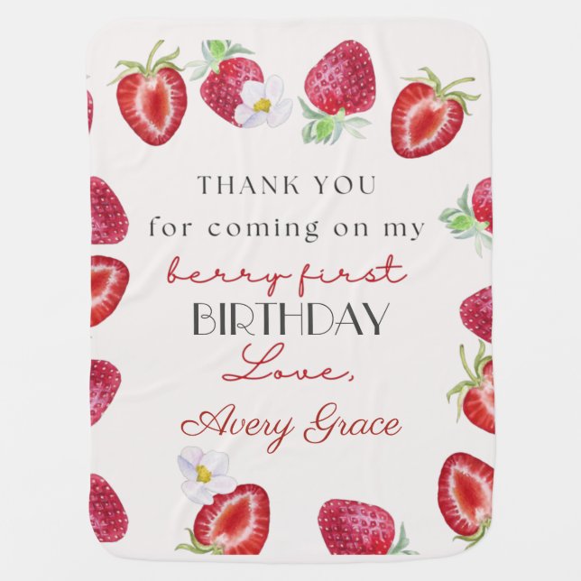 Thank You My Berry First Birthday Cute Strawberry  Baby Blanket (Front)