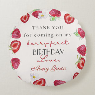 Thank You My Berry First Birthday Cute Strawberry  Round Pillow