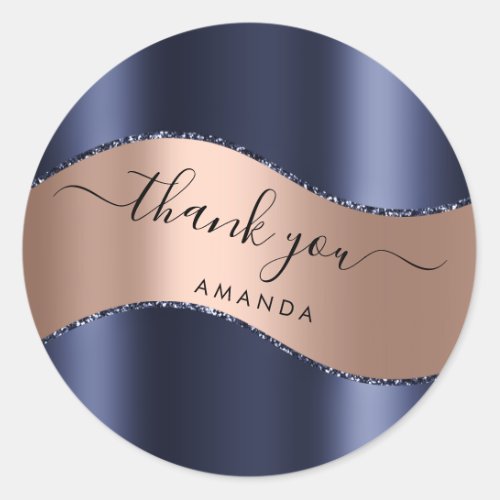 Thank You Name 16th Bridal Blue Navy Rose Border Classic Round Sticker