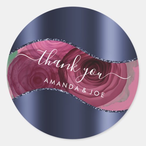 Thank You Name 16th Bridal Blue Navy Roses Flower Classic Round Sticker