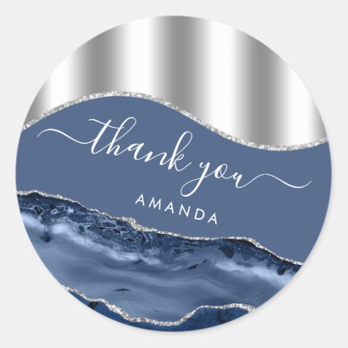 Thank You Name 16th Bridal Blue Navy Silver Marble Classic Round Sticker