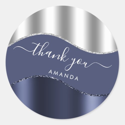 Thank You Name 16th Bridal Blue Navy White Silver Classic Round Sticker