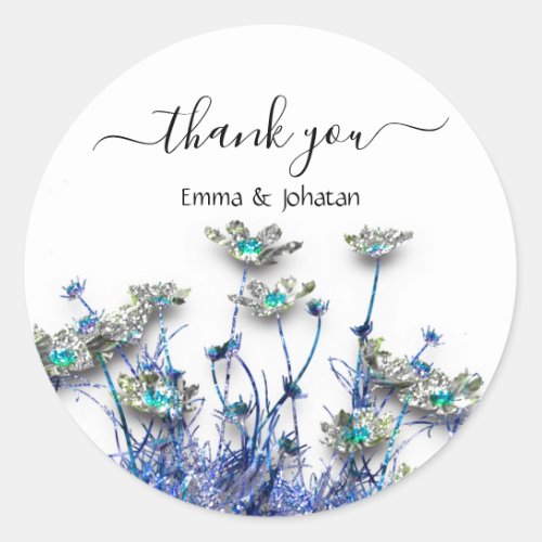 Thank You Name 16th Bridal Meadow Blue Glitter  Classic Round Sticker