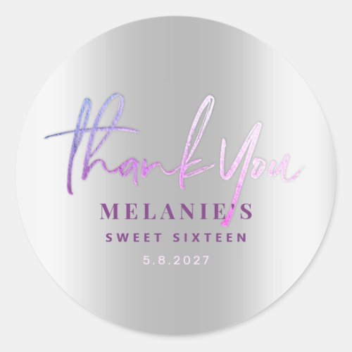 Thank You Name 16th Bridal Purple Silver Classic Round Sticker