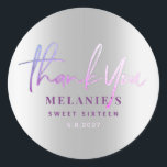 Thank You Name 16th Bridal Purple Silver Classic Round Sticker<br><div class="desc">Thank You Name 16th Bridal Purple Silver Grey Classic Round Sticker</div>