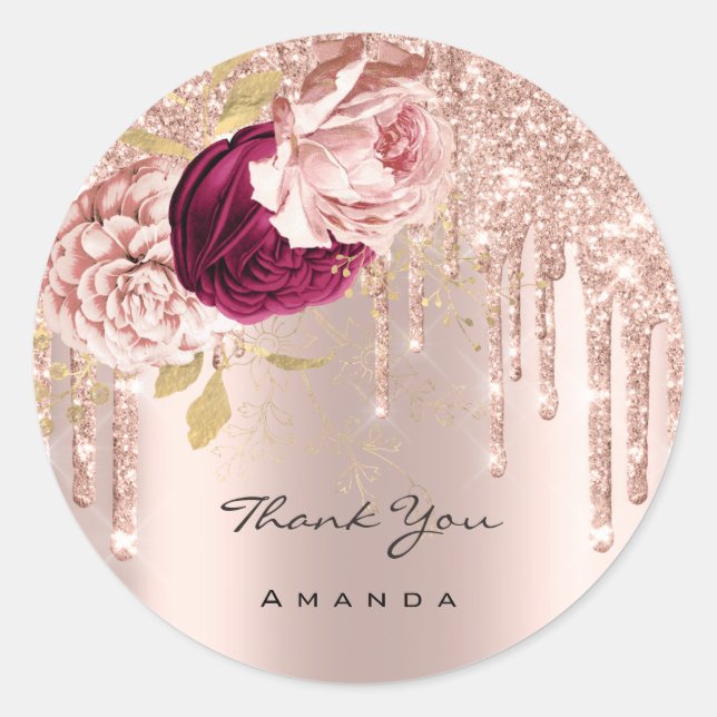Thank You Name 16th Bridal Rose Glitter Flowers Classic Round Sticker (Front)