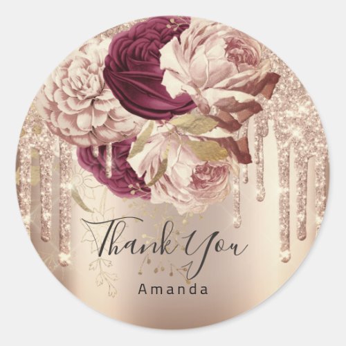 Thank You Name 16th Bridal Roses Drip Marsala Gold Classic Round Sticker