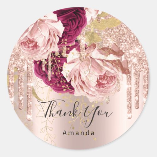 Thank You Name 16th Bridal Roses Drip Pink Marsala Classic Round Sticker